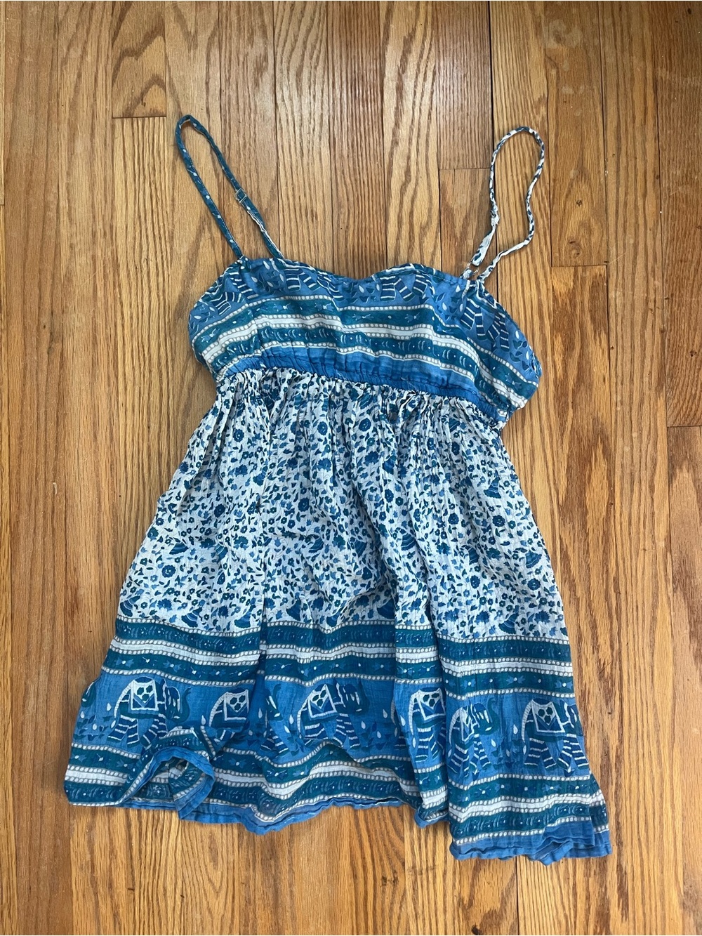 Blue Patterned Spaghetti-Strap Mini Dress